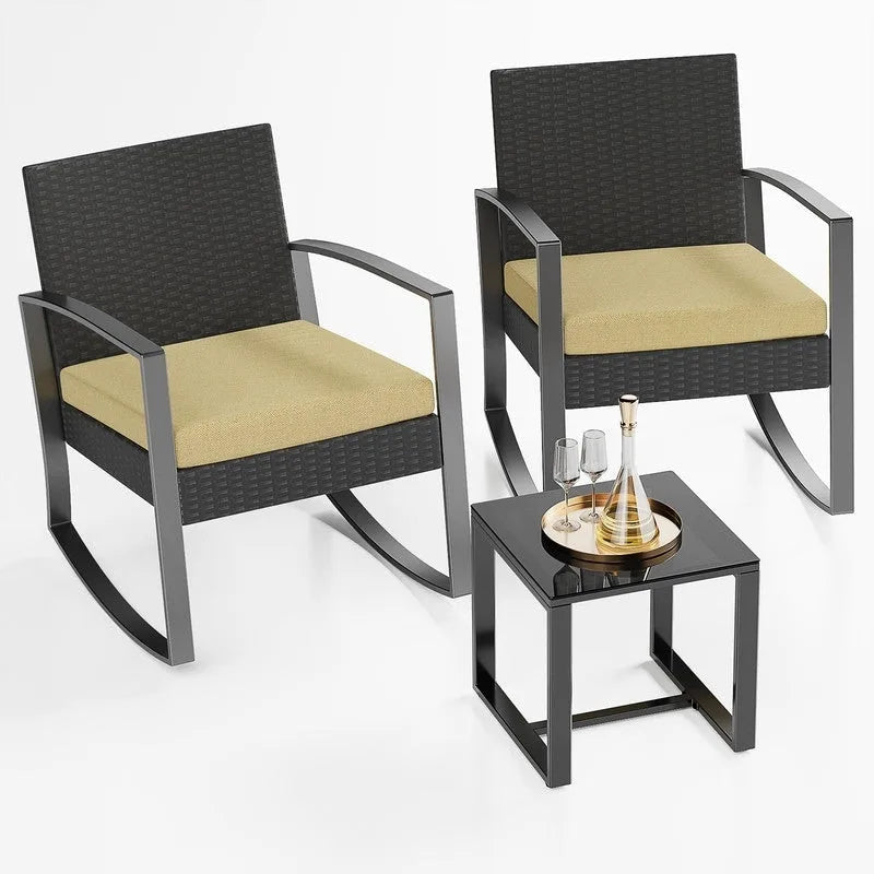 3-Piece PE Wicker Bistro Set 2 Rocking Chairs 1 Glass Table with Cushions