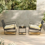 3-Piece PE Wicker Bistro Set 2 Rocking Chairs 1 Glass Table with Cushions