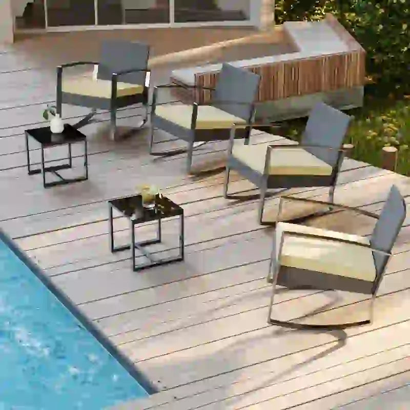 3-Piece PE Wicker Bistro Set 2 Rocking Chairs 1 Glass Table with Cushions