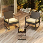 3-Piece PE Wicker Bistro Set 2 Rocking Chairs 1 Glass Table with Cushions