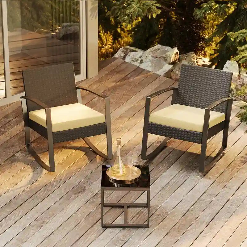 3-Piece PE Wicker Bistro Set 2 Rocking Chairs 1 Glass Table with Cushions