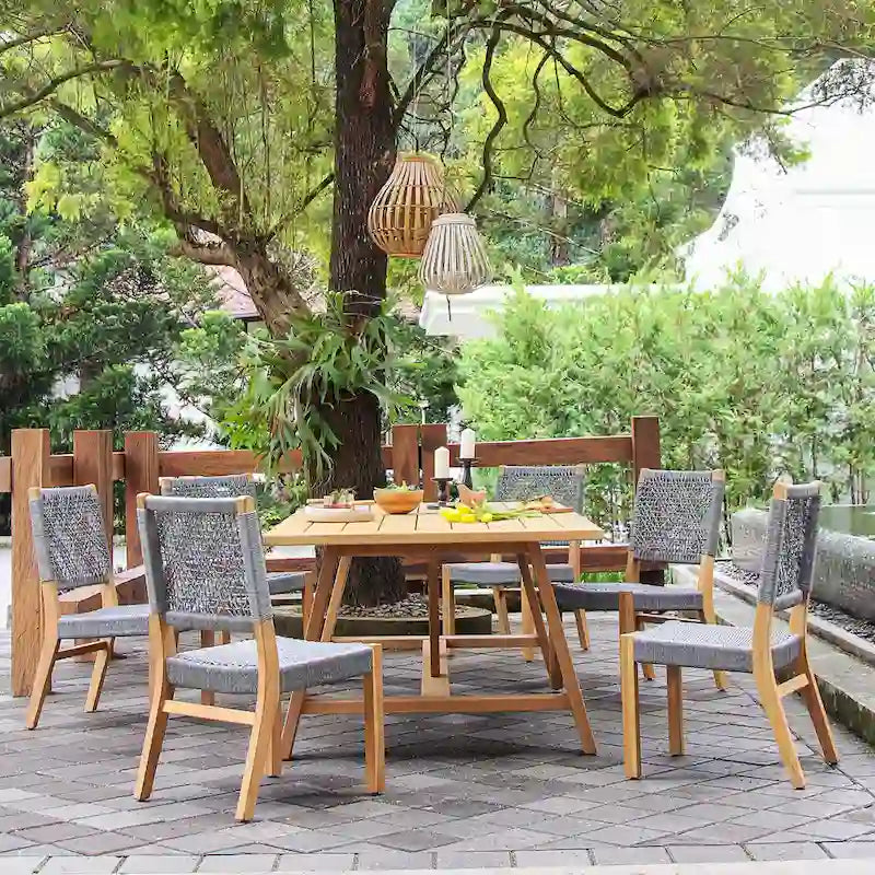 7-Piece Teak Wood Dining Set Natural for 6 People 6 Chairs 1 Table