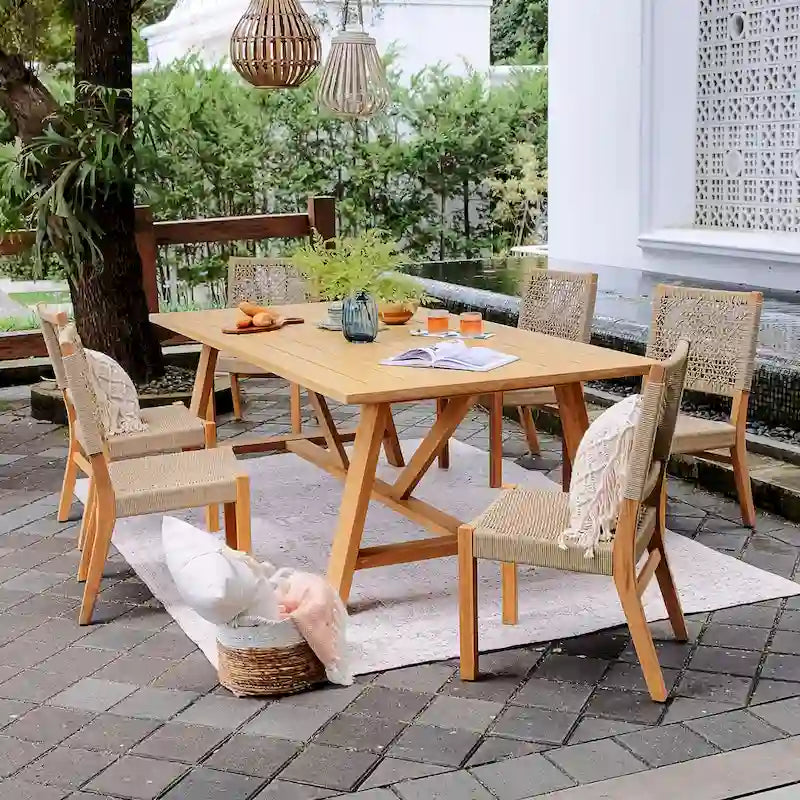 7-Piece Teak Wood Dining Set Natural for 6 People 6 Chairs 1 Table