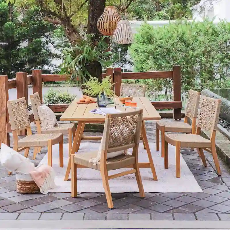 7-Piece Teak Wood Dining Set Natural for 6 People 6 Chairs 1 Table