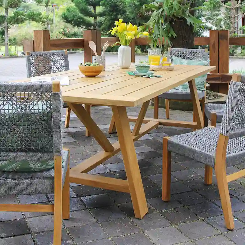 7-Piece Teak Wood Dining Set Natural for 6 People 6 Chairs 1 Table