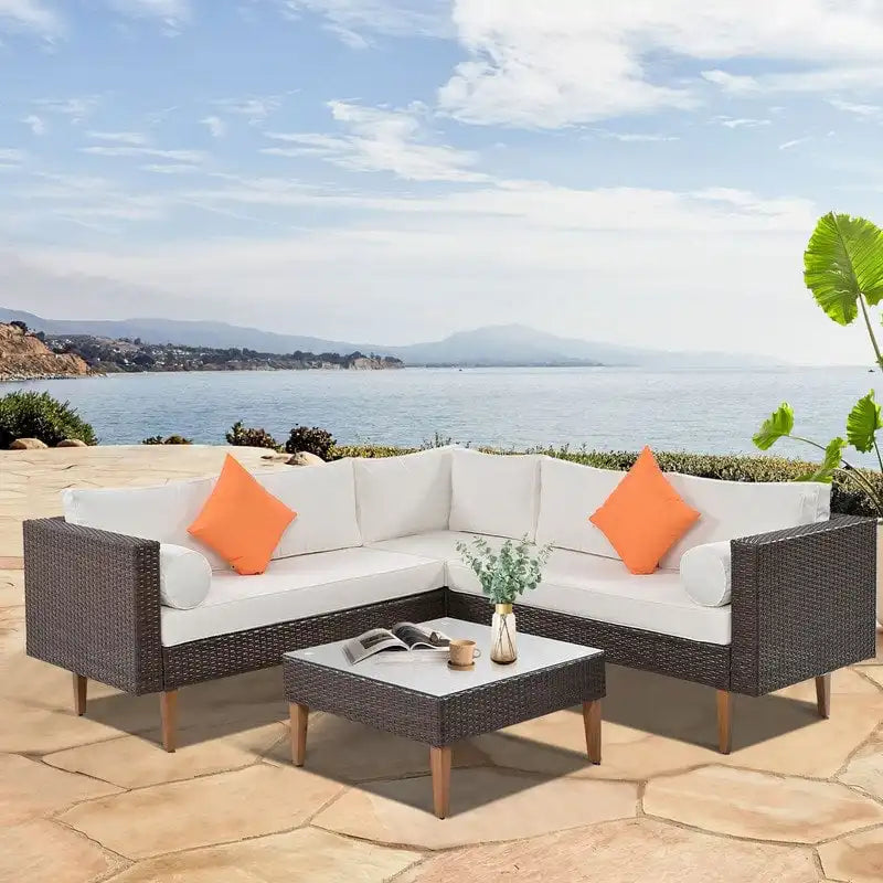 4-Piece PE Wicker L-Shaped Sofa Set Black/Gray for 4-5 People with Pillows and Table