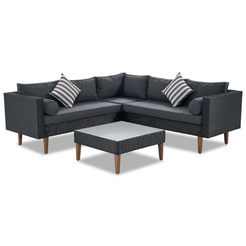 4-Piece PE Wicker L-Shaped Sofa Set Black/Gray for 4-5 People with Pillows and Table