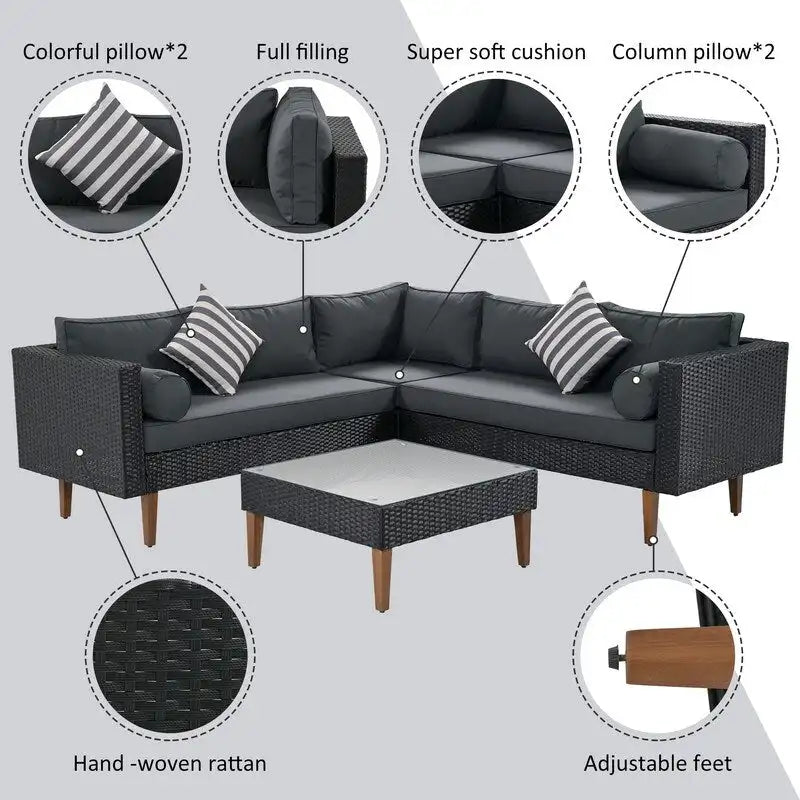 4-Piece PE Wicker L-Shaped Sofa Set Black/Gray for 4-5 People with Pillows and Table
