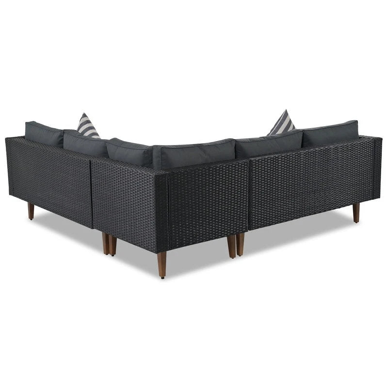 4-Piece PE Wicker L-Shaped Sofa Set Black/Gray for 4-5 People with Pillows and Table