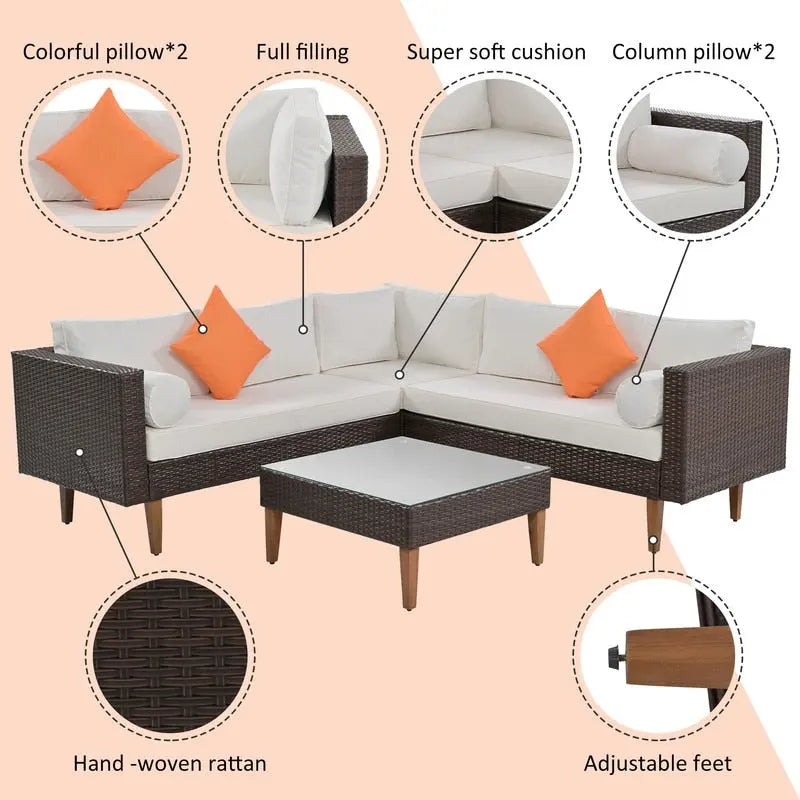 4-Piece PE Wicker L-Shaped Sofa Set Black/Gray for 4-5 People with Pillows and Table