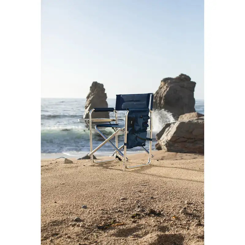 Folding Sports Chair Navy Blue with Side Table Aluminum Frame Padded Armrests