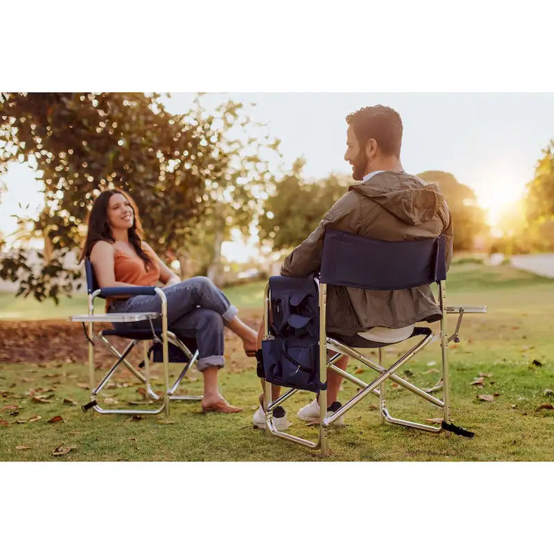Folding Sports Chair Navy Blue with Side Table Aluminum Frame Padded Armrests