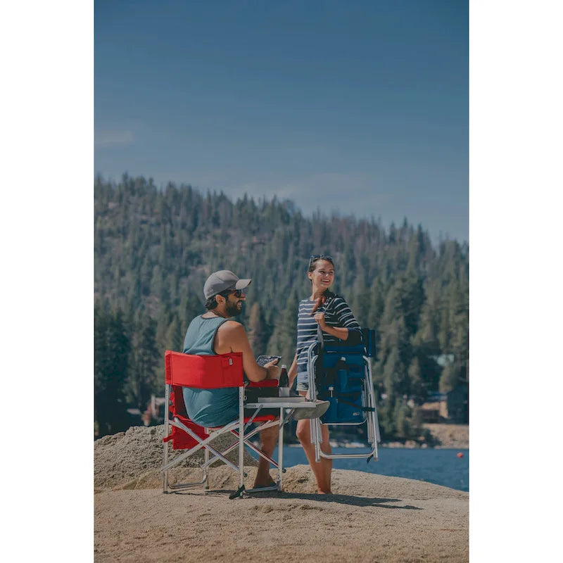 Folding Sports Chair Navy Blue with Side Table Aluminum Frame Padded Armrests