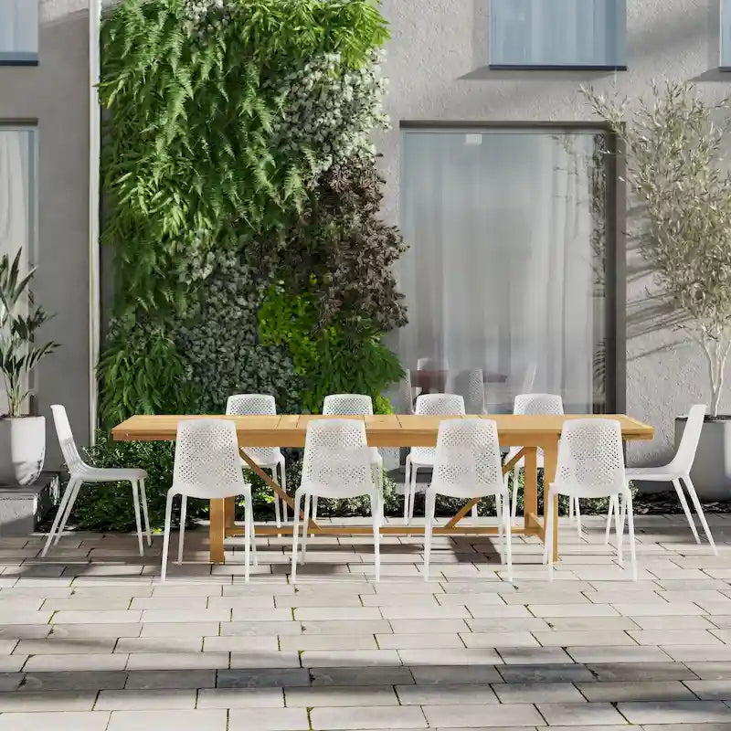 11-Piece Extendable Eucalyptus Wood Dining Set for 10 People 10 Chairs 1 Table