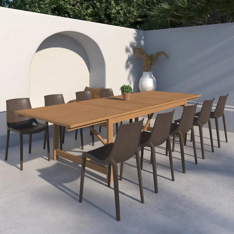 11-Piece Extendable Eucalyptus Wood Dining Set for 10 People 10 Chairs 1 Table