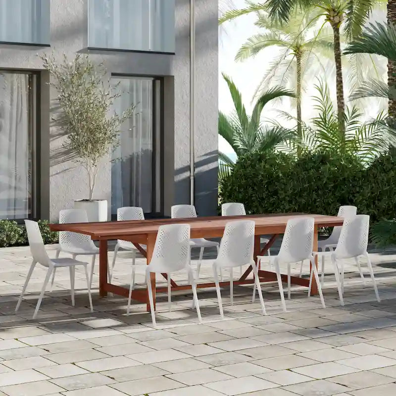 11-Piece Extendable Eucalyptus Wood Dining Set for 10 People 10 Chairs 1 Table