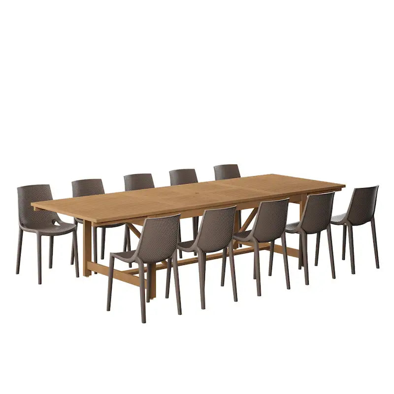 11-Piece Extendable Eucalyptus Wood Dining Set for 10 People 10 Chairs 1 Table