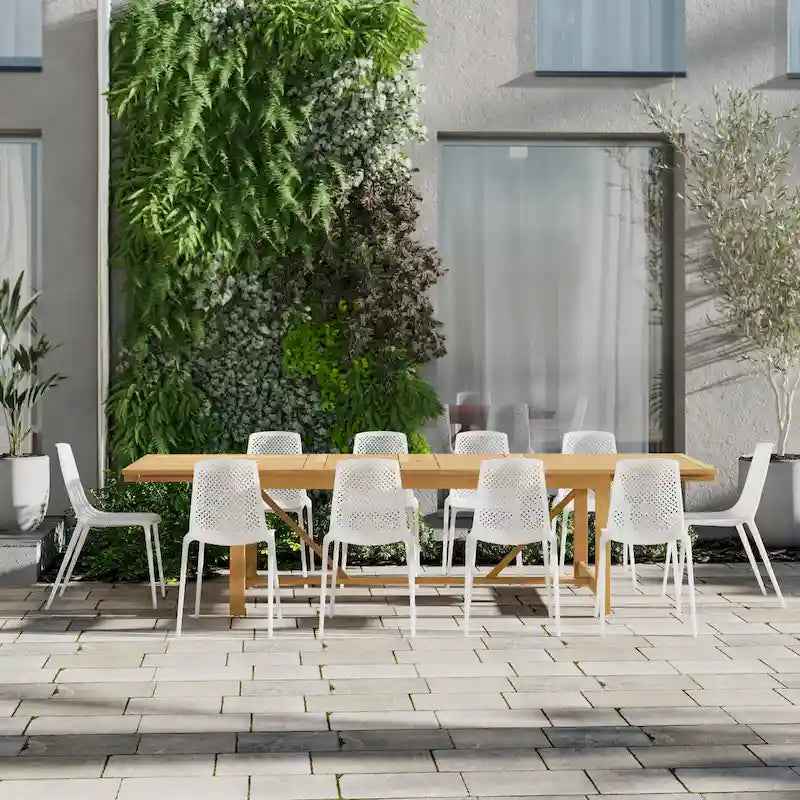 11-Piece Extendable Eucalyptus Wood Dining Set for 10 People 10 Chairs 1 Table