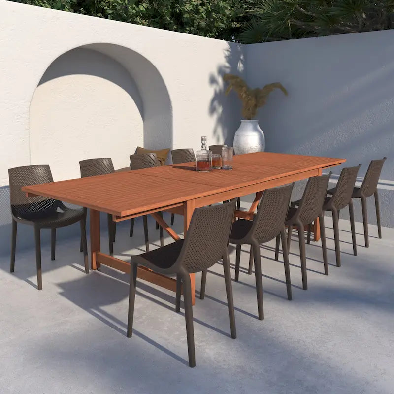 11-Piece Extendable Eucalyptus Wood Dining Set for 10 People 10 Chairs 1 Table