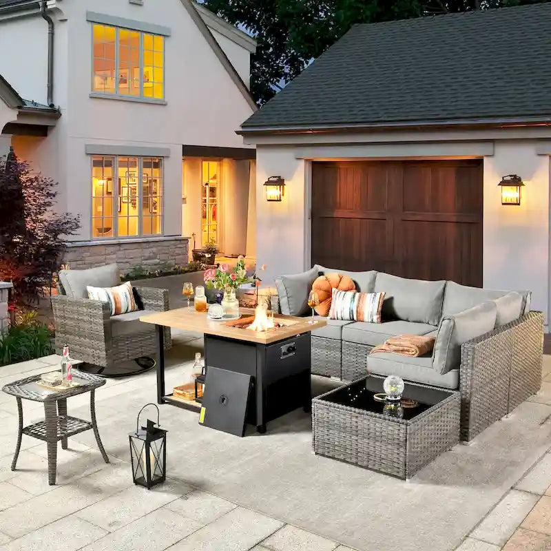 8-Piece PE Wicker Sectional Set for 5 People with Fire Pit Table and Swivel Rocker