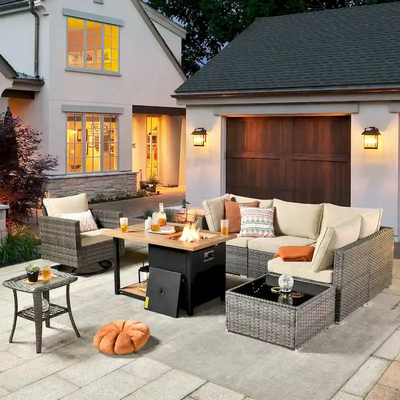 8-Piece PE Wicker Sectional Set for 5 People with Fire Pit Table and Swivel Rocker