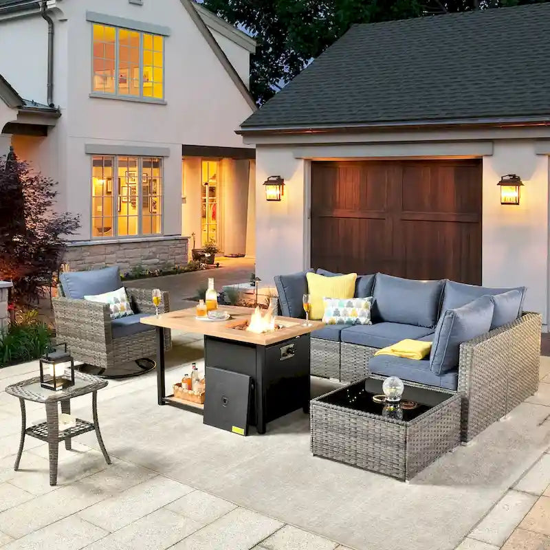 8-Piece PE Wicker Sectional Set for 5 People with Fire Pit Table and Swivel Rocker