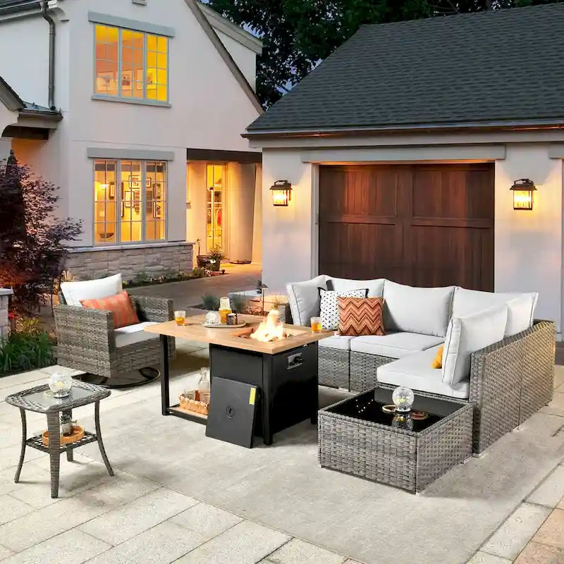 8-Piece PE Wicker Sectional Set for 5 People with Fire Pit Table and Swivel Rocker