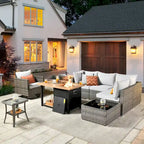 8-Piece PE Wicker Sectional Set for 5 People with Fire Pit Table and Swivel Rocker