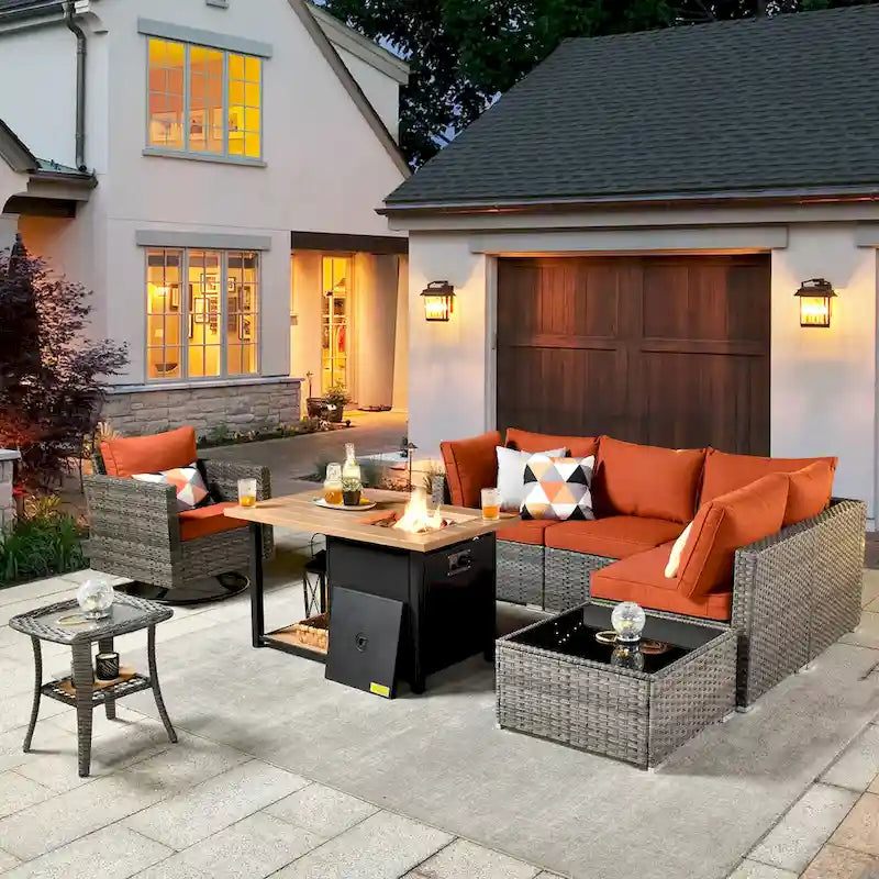 8-Piece PE Wicker Sectional Set for 5 People with Fire Pit Table and Swivel Rocker
