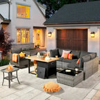8-Piece PE Wicker Sectional Set for 5 People with Fire Pit Table and Swivel Rocker