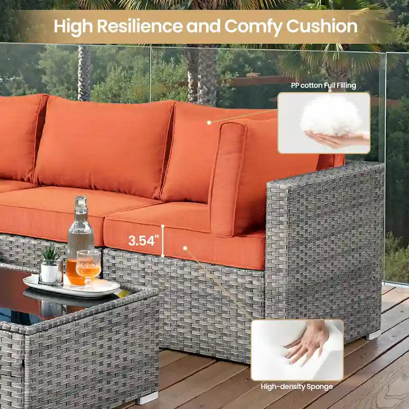 8-Piece PE Wicker Sectional Set for 5 People with Fire Pit Table and Swivel Rocker