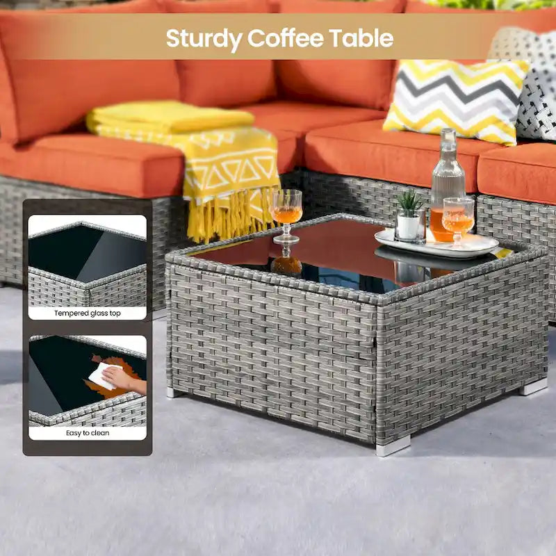 8-Piece PE Wicker Sectional Set for 5 People with Fire Pit Table and Swivel Rocker