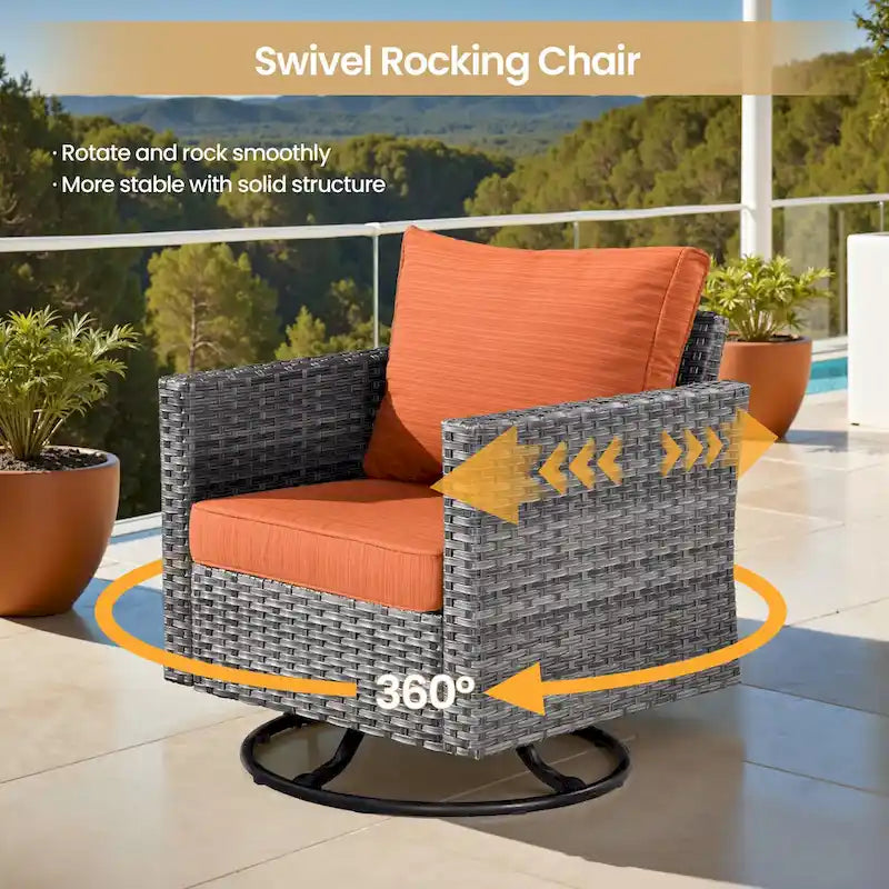 8-Piece PE Wicker Sectional Set for 5 People with Fire Pit Table and Swivel Rocker