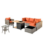 8-Piece PE Wicker Sectional Set for 5 People with Fire Pit Table and Swivel Rocker