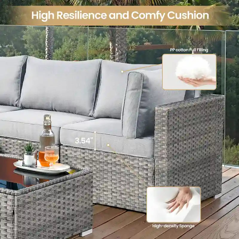 8-Piece PE Wicker Sectional Set for 5 People with Fire Pit Table and Swivel Rocker