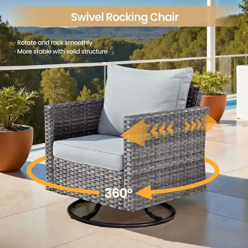 8-Piece PE Wicker Sectional Set for 5 People with Fire Pit Table and Swivel Rocker