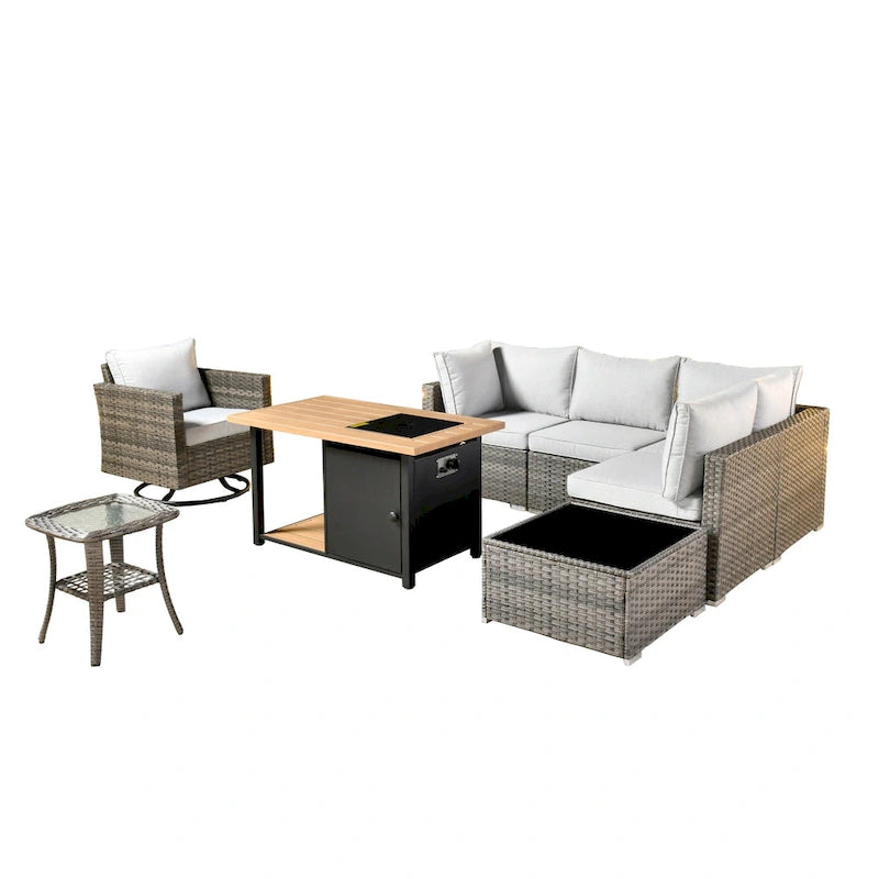 8-Piece PE Wicker Sectional Set for 5 People with Fire Pit Table and Swivel Rocker