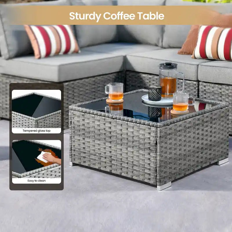 8-Piece PE Wicker Sectional Set for 5 People with Fire Pit Table and Swivel Rocker