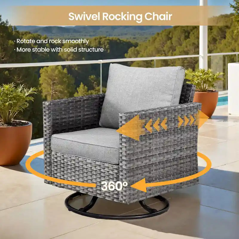 8-Piece PE Wicker Sectional Set for 5 People with Fire Pit Table and Swivel Rocker