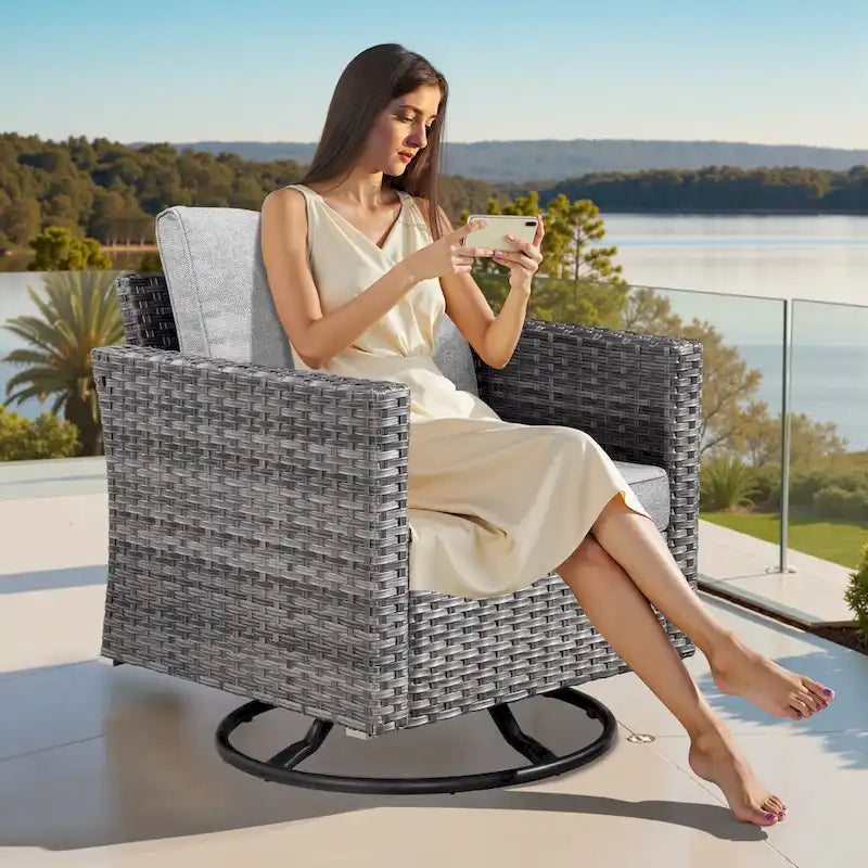 8-Piece PE Wicker Sectional Set for 5 People with Fire Pit Table and Swivel Rocker