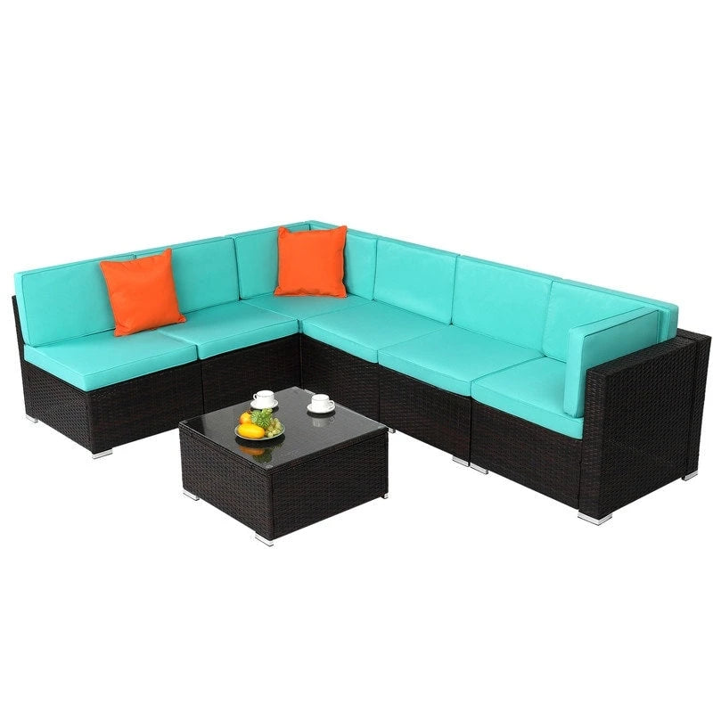 7-Piece PE Wicker Sectional Sofa Set with Cushions and Glass Coffee Table