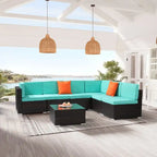 7-Piece PE Wicker Sectional Sofa Set with Cushions and Glass Coffee Table