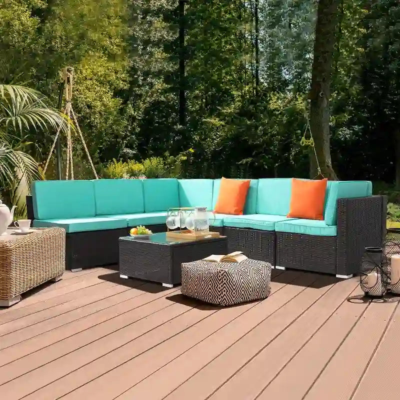 7-Piece PE Wicker Sectional Sofa Set with Cushions and Glass Coffee Table