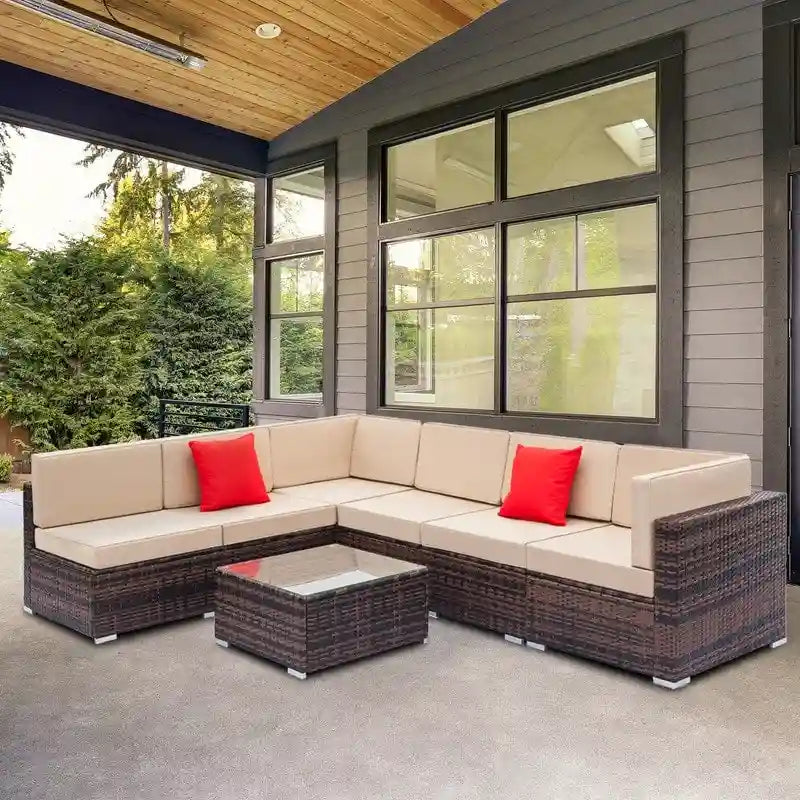 7-Piece PE Wicker Sectional Sofa Set with Cushions and Glass Coffee Table