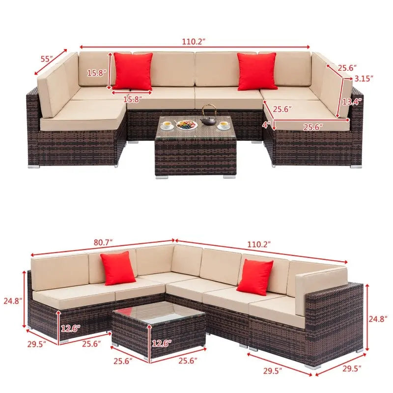 7-Piece PE Wicker Sectional Sofa Set with Cushions and Glass Coffee Table
