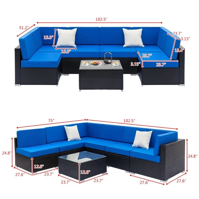 7-Piece PE Wicker Sectional Sofa Set with Cushions and Glass Coffee Table
