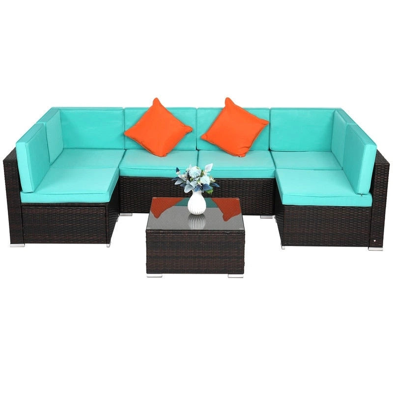 7-Piece PE Wicker Sectional Sofa Set with Cushions and Glass Coffee Table