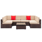 7-Piece PE Wicker Sectional Sofa Set with Cushions and Glass Coffee Table