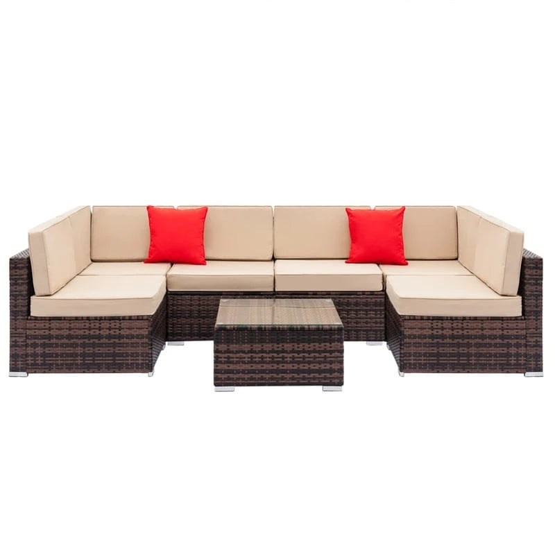 7-Piece PE Wicker Sectional Sofa Set with Cushions and Glass Coffee Table