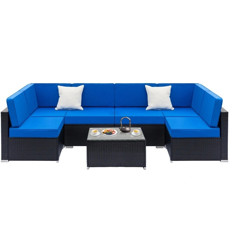 7-Piece PE Wicker Sectional Sofa Set with Cushions and Glass Coffee Table